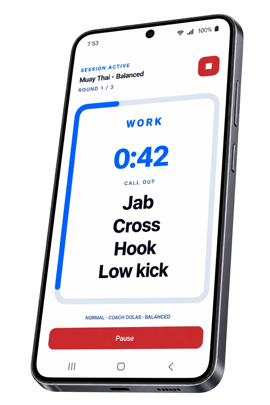 Xparring active Muay Thai session shown on an Android phone