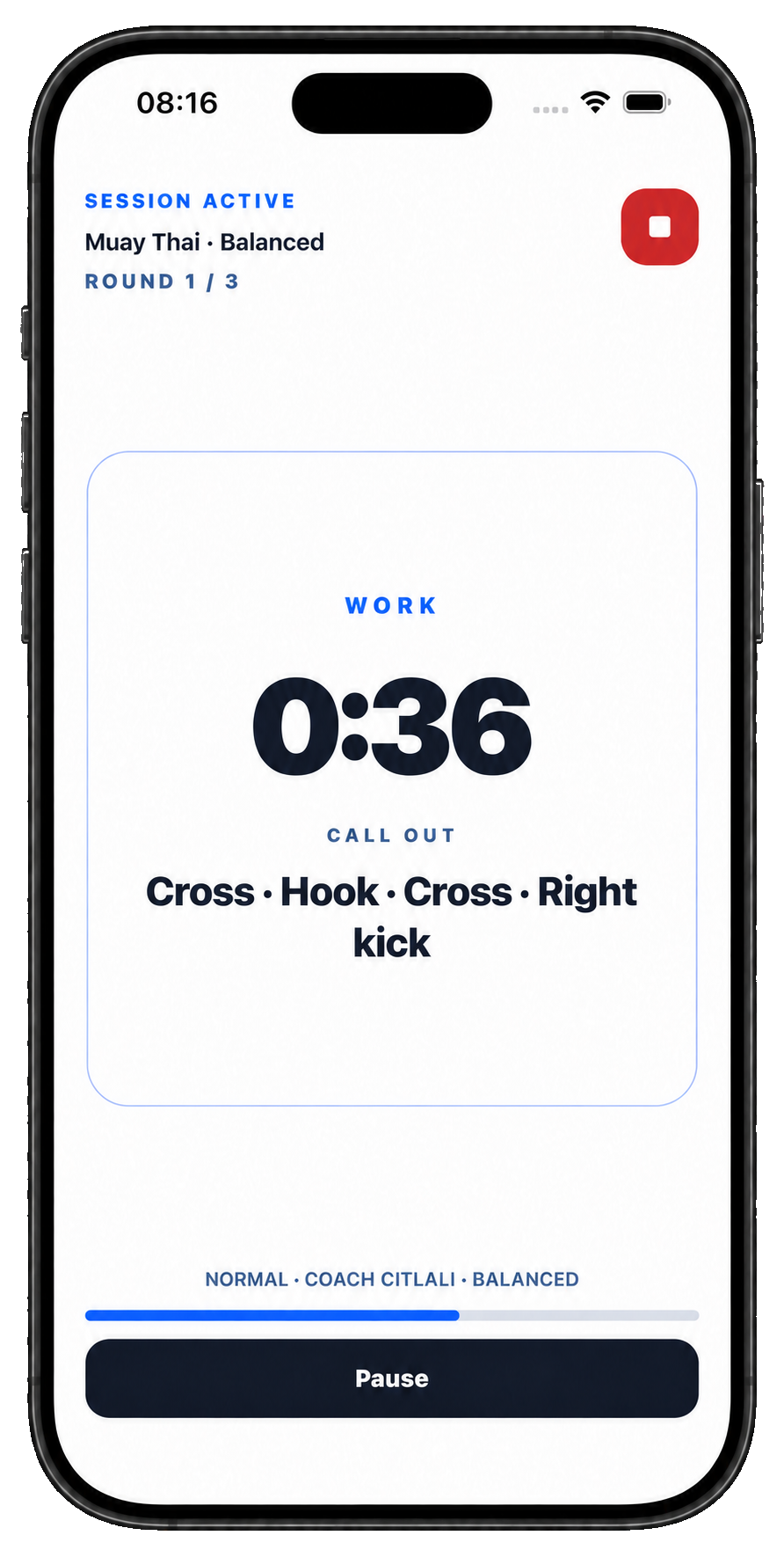 Xparring active round screen showing 36 seconds remaining