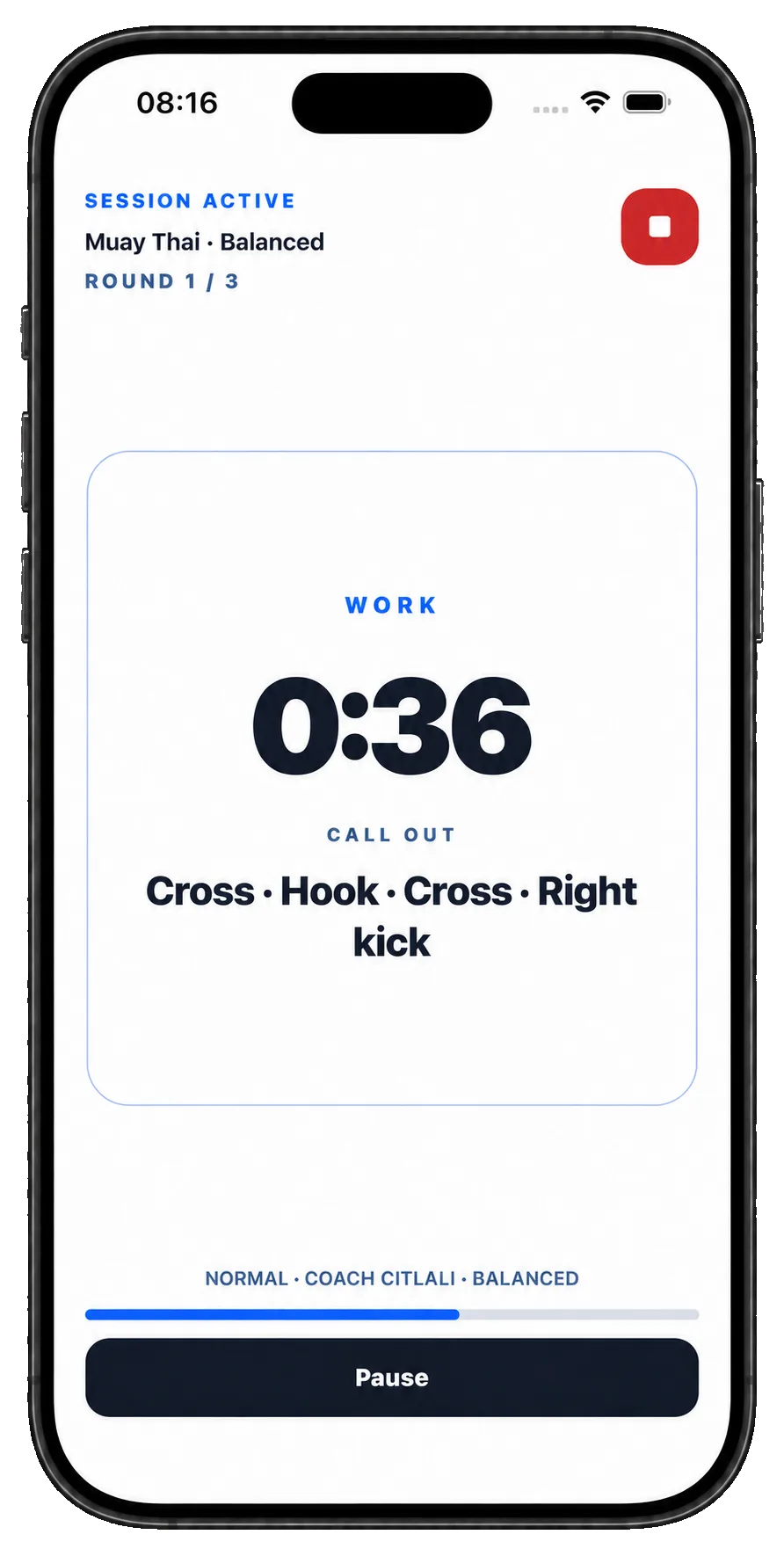 Xparring active round screen showing 36 seconds remaining