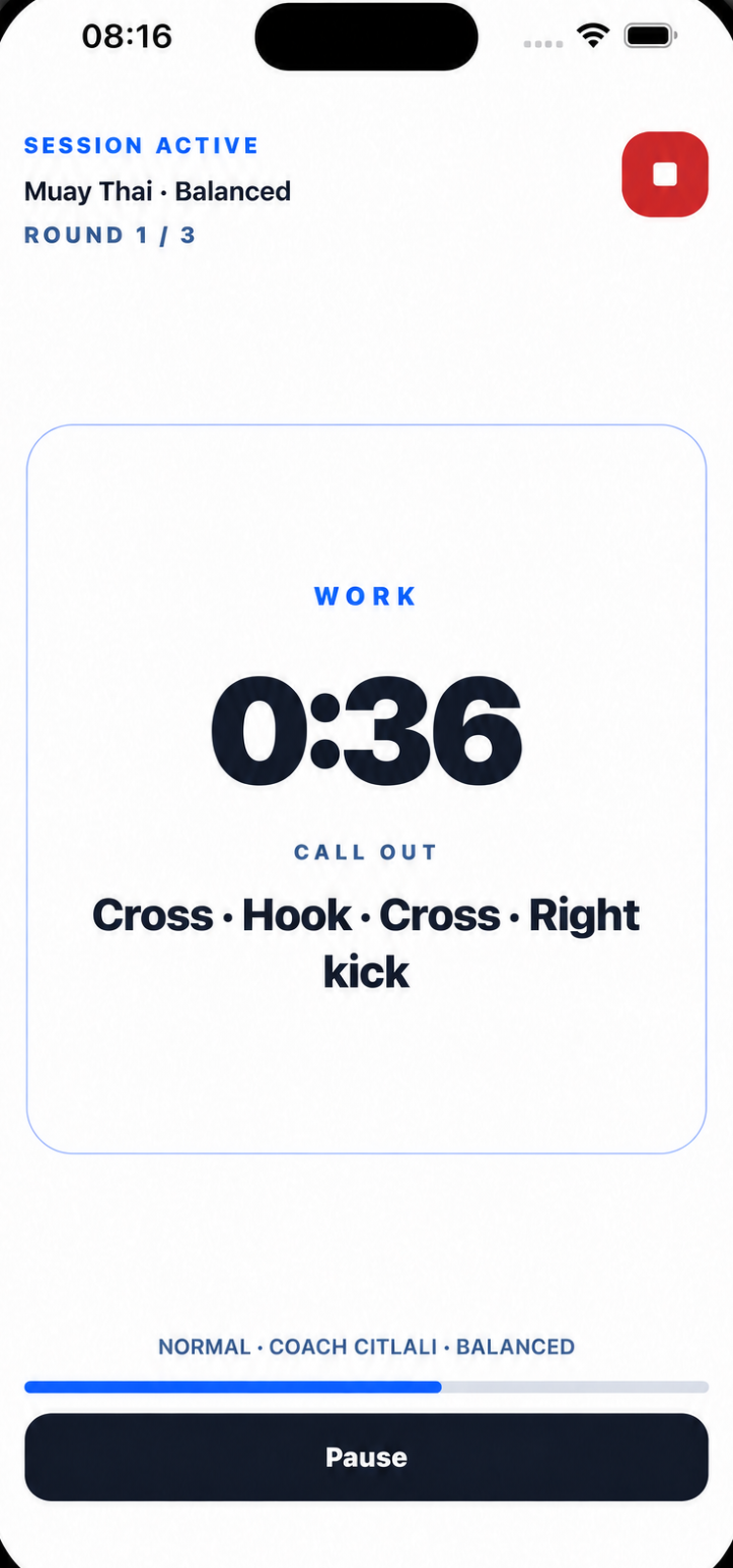 Xparring active training screen
