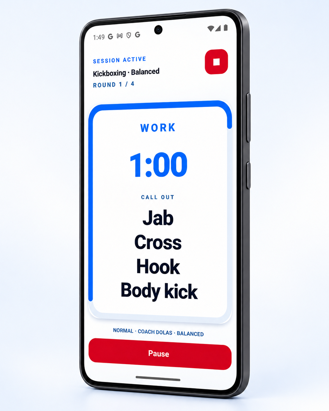 Xparring active Kickboxing session shown on a phone