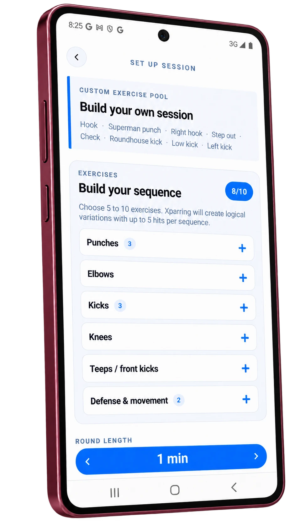Xparring custom exercise pool shown on an Android phone