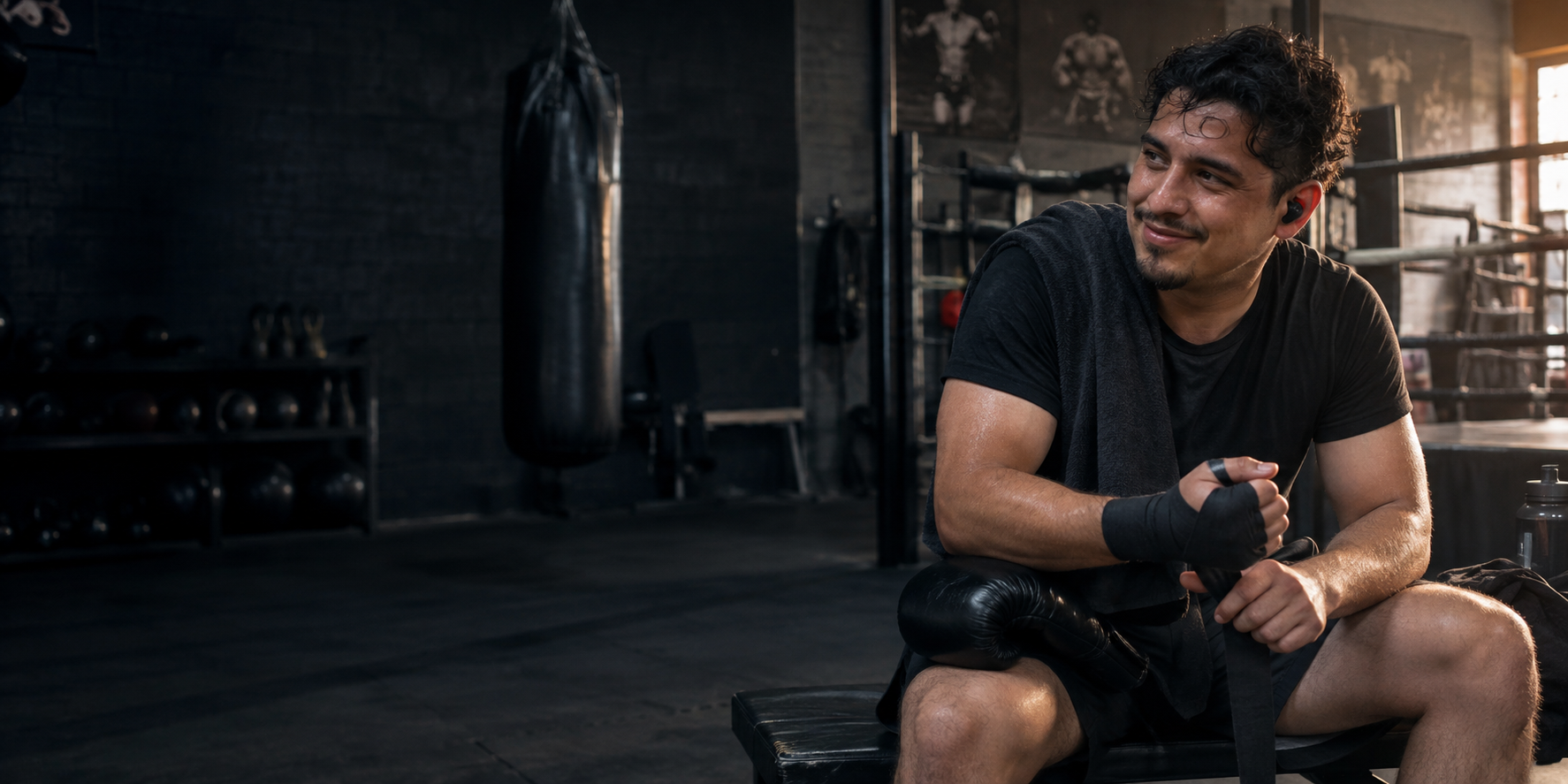Boxer resting after a training round with a wireless earbud