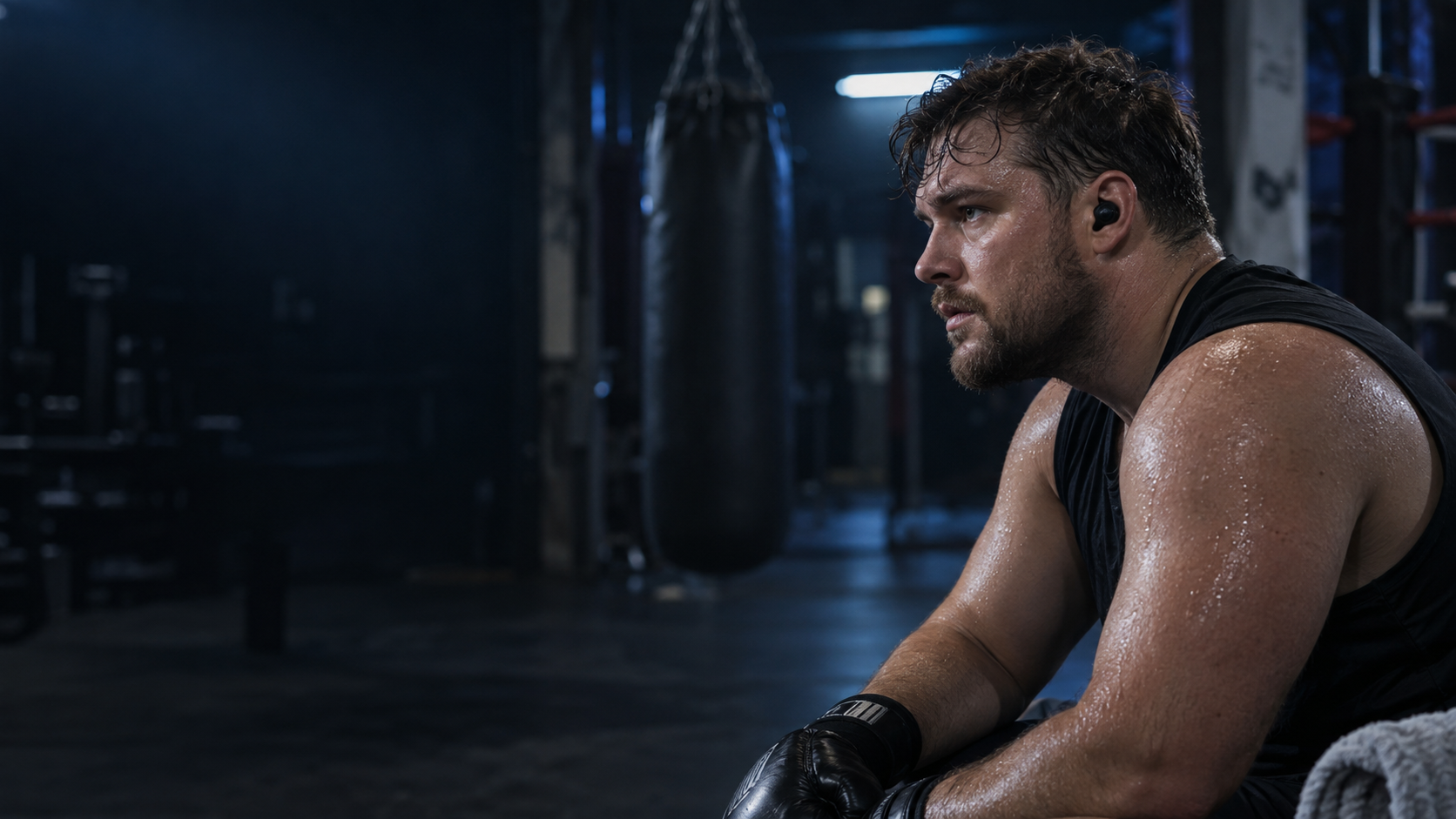 Focused athlete wearing headphones in a boxing gym