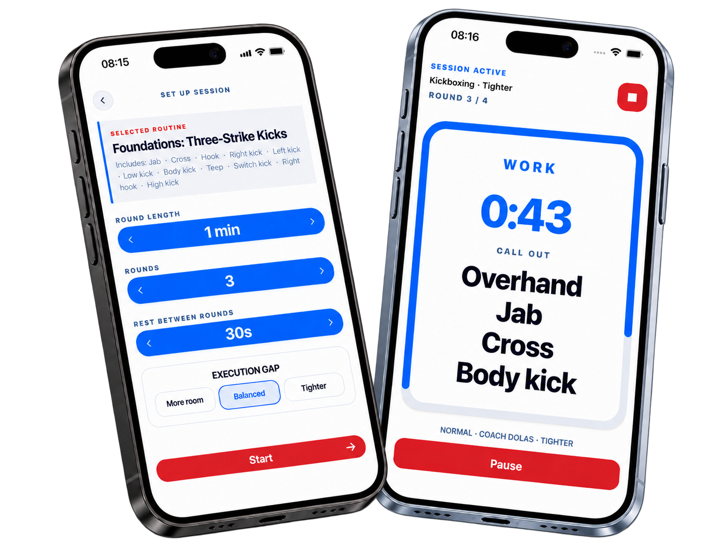 Xparring session setup and active Kickboxing round shown on two phones