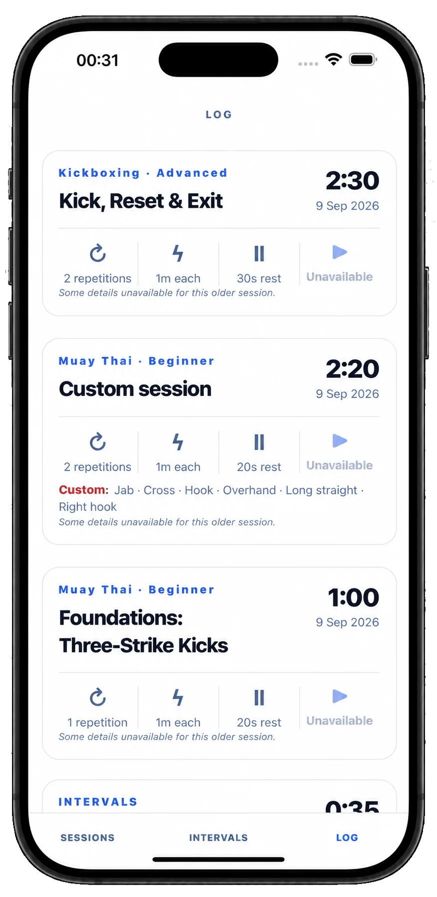 Xparring Log showing completed training sessions