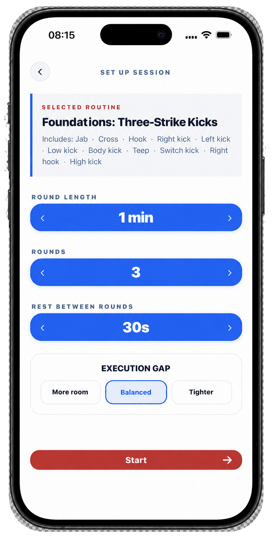 Real Xparring session setup screen