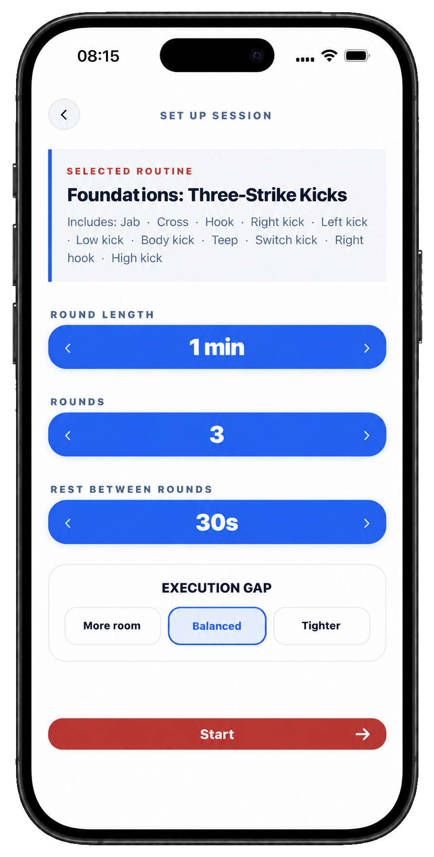 Xparring session setup screen
