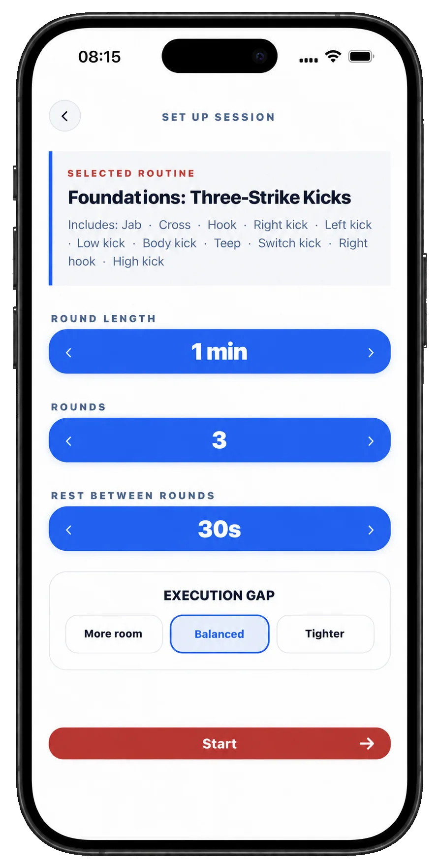 Xparring session setup screen