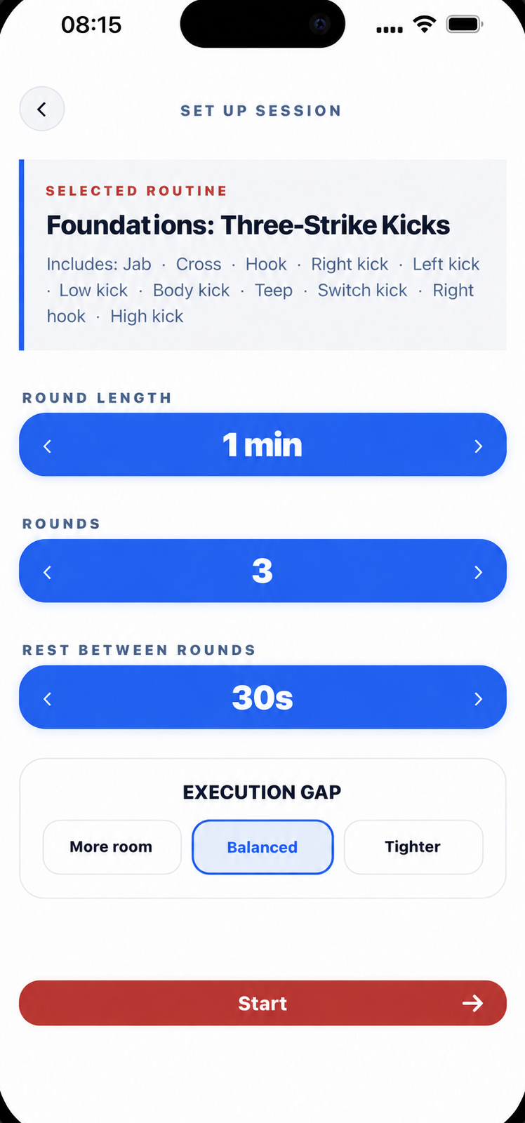 Xparring session setup screen
