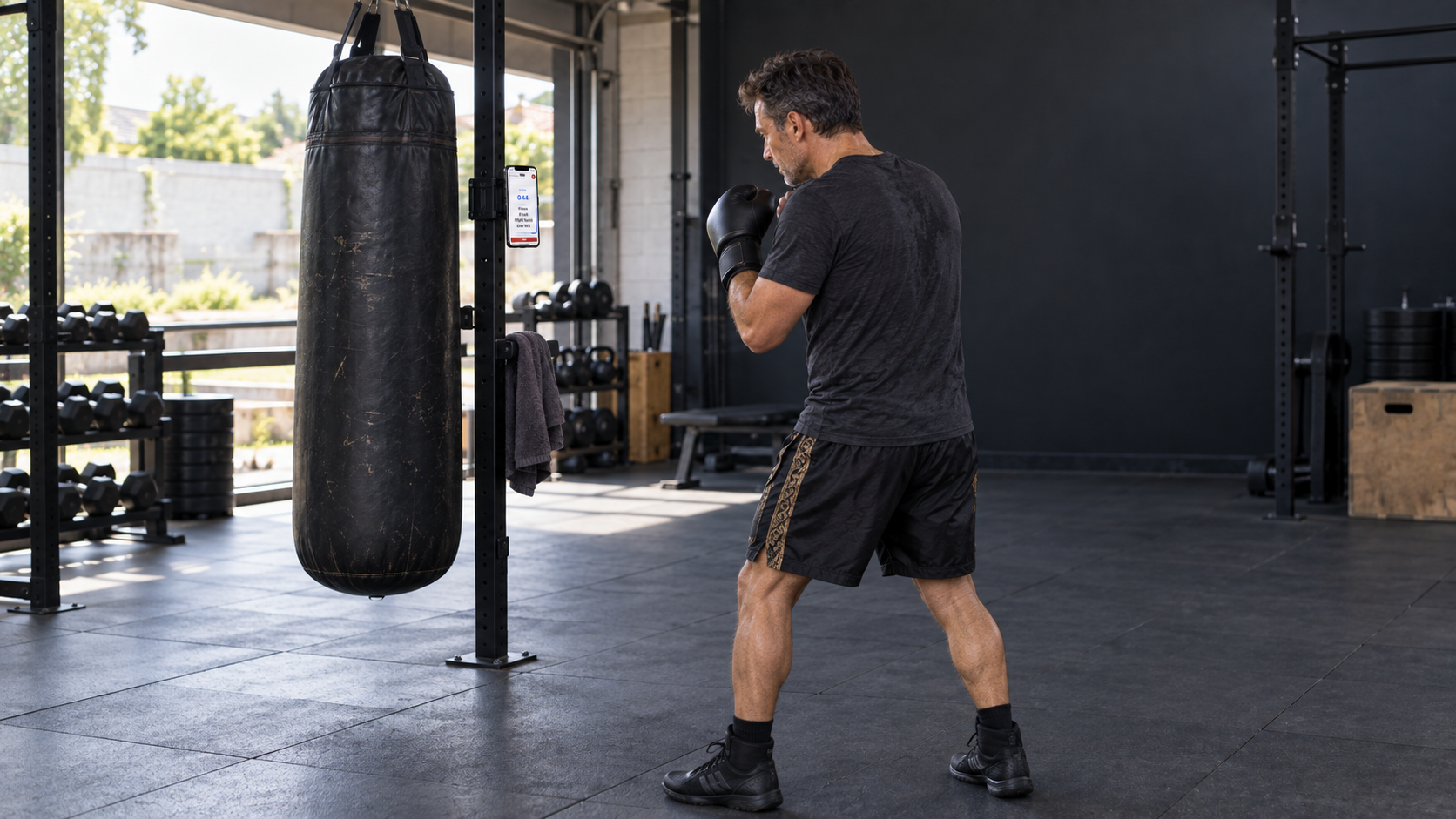 Fighter checking an active Xparring timer beside a heavy bag
