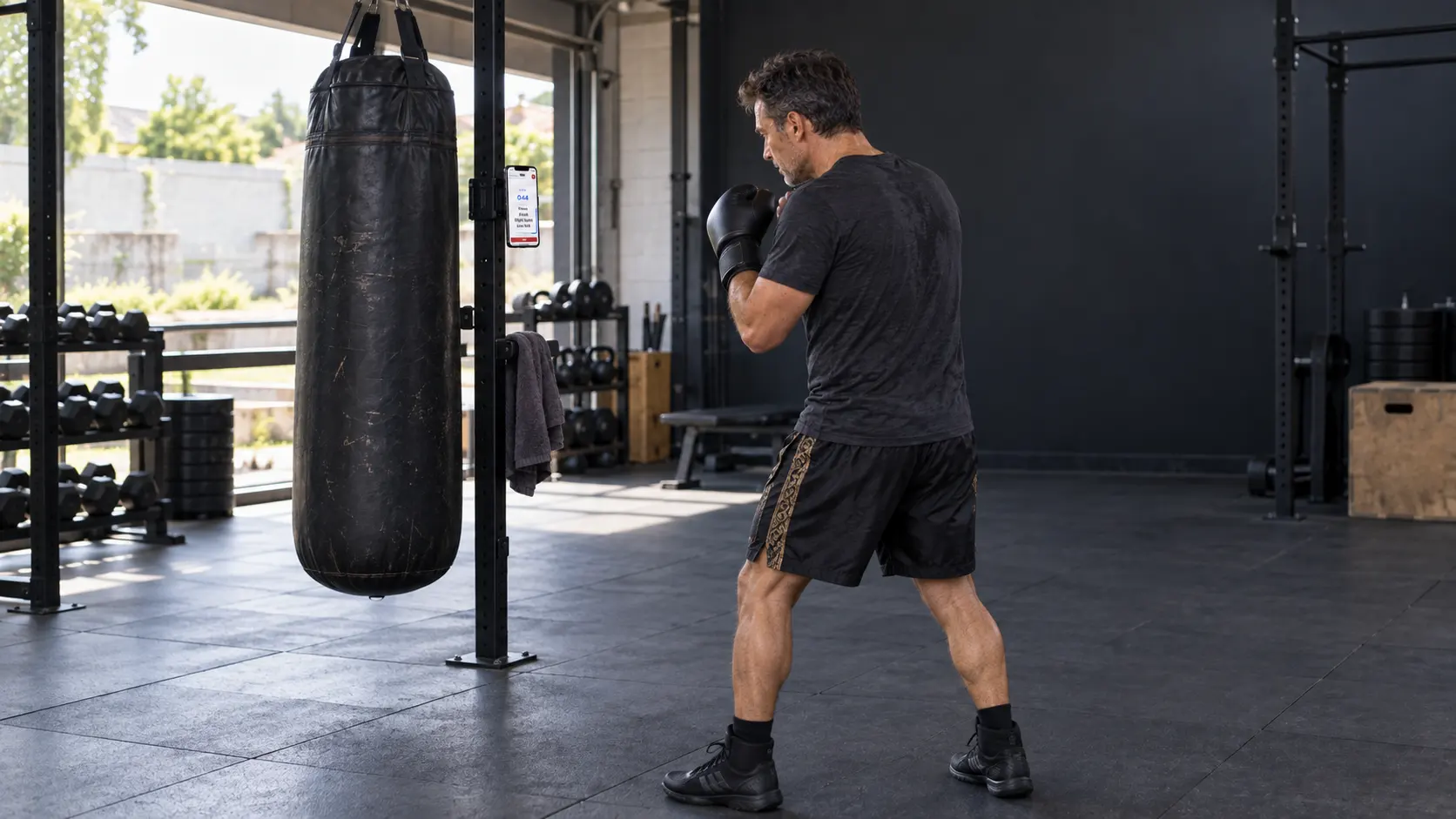 Fighter checking an active Xparring timer beside a heavy bag