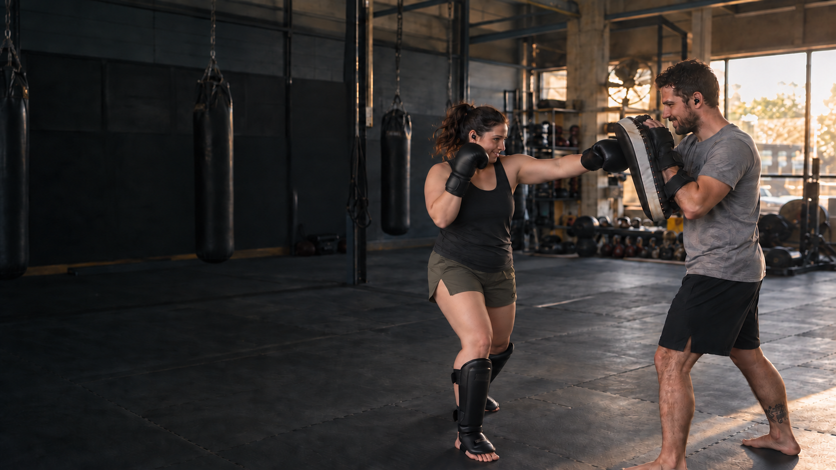 Two friends training together with pads, gloves, shin pads and shared earbuds